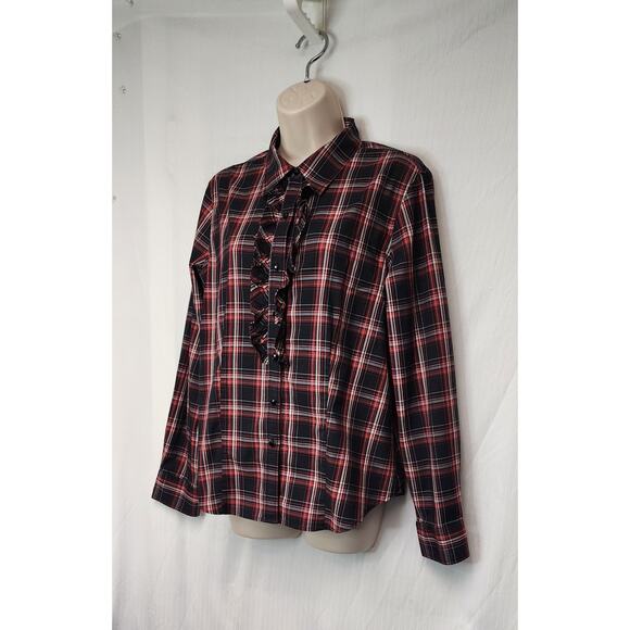Talbots Jewel Button Front Red/Black Plaid Ruffle Front Long Sleeve Size 12 - Picture 3 of 9